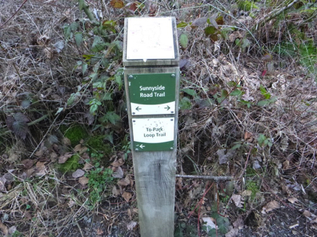 Directional trail signage at trail junctions are capped with a park map